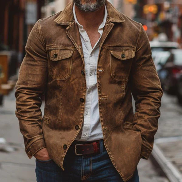 Men’s vintage heavy-washed leather jacket with multiple pockets – men