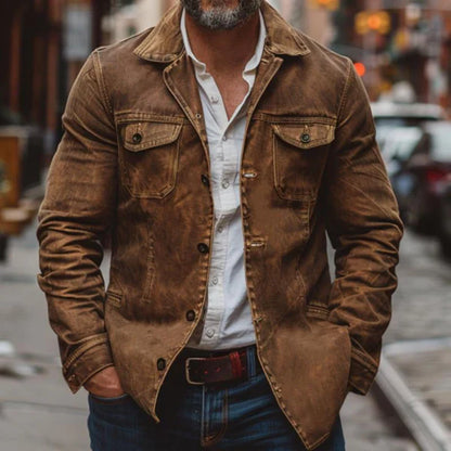 Men’s vintage heavy-washed leather jacket with multiple pockets – men