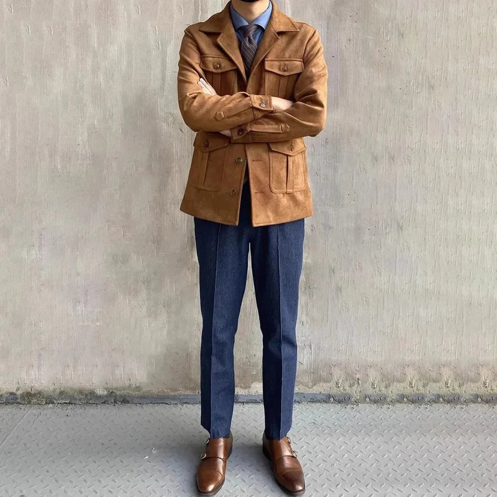 Men’s suede safari field jacket with button placket – men