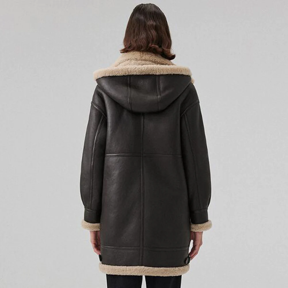 Womens Dark Brown Sheepskin Shearling Coat Mid Length with Hood