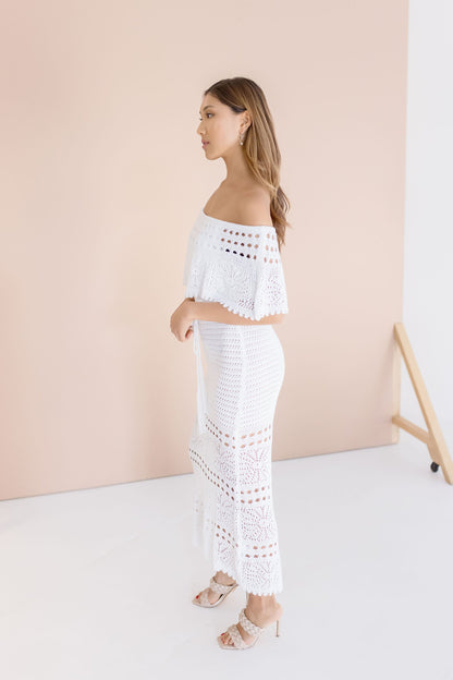 Florence Off The Shoulder Crochet Maxi Dress White