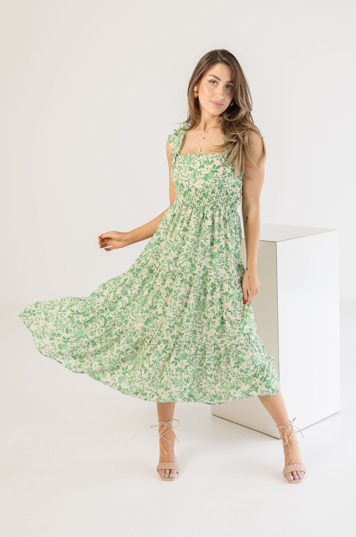 Janine Sleeveless Floral Print Midi Dress Green