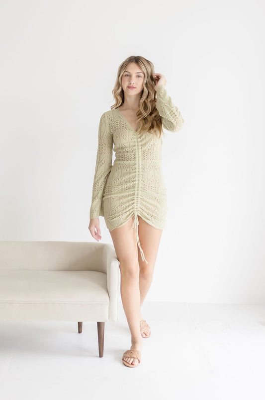 Marilyn Long Sleeve Drawstring Crochet Mini Dress Sage