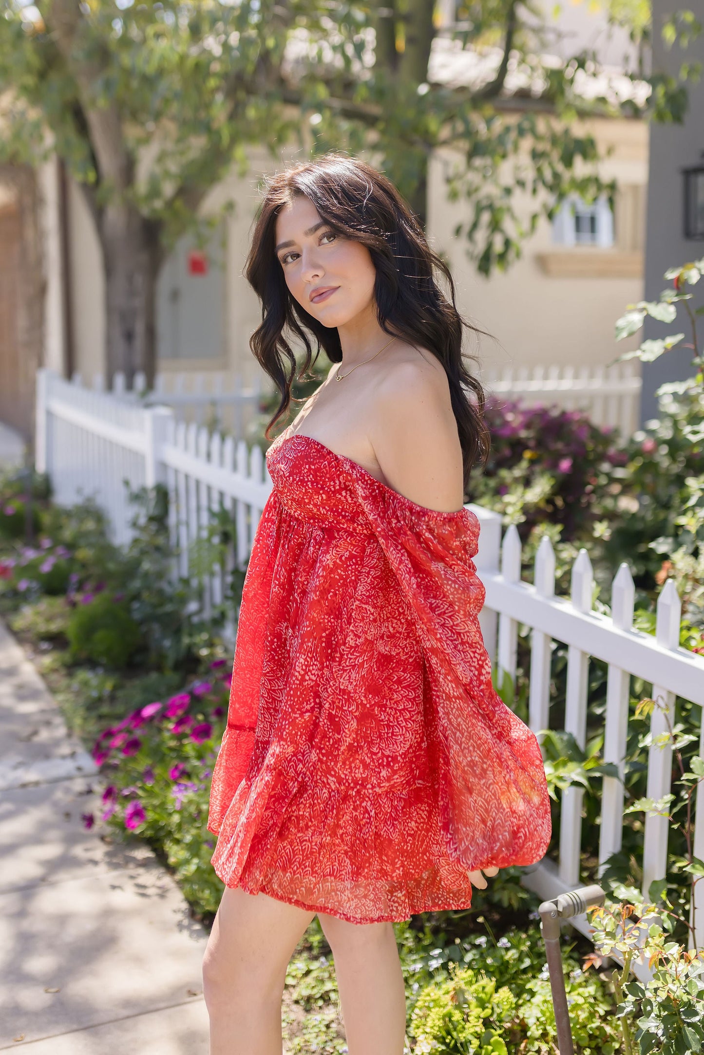 Frankie Long Sleeve Floral Print Mini Dress Red