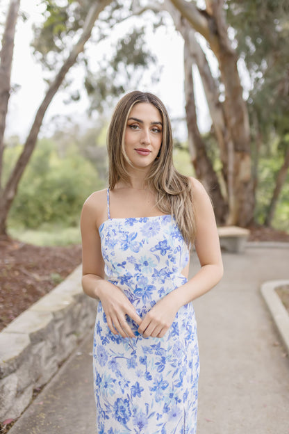 Erika Sleeveless Cut Out Floral Print Midi Dress Blue