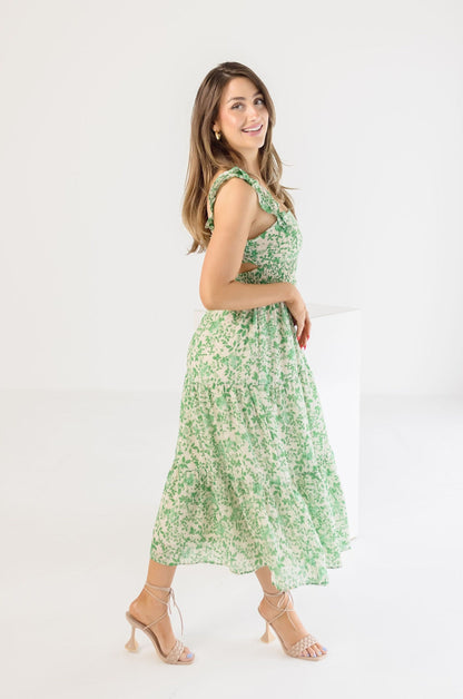 Janine Sleeveless Floral Print Midi Dress Green