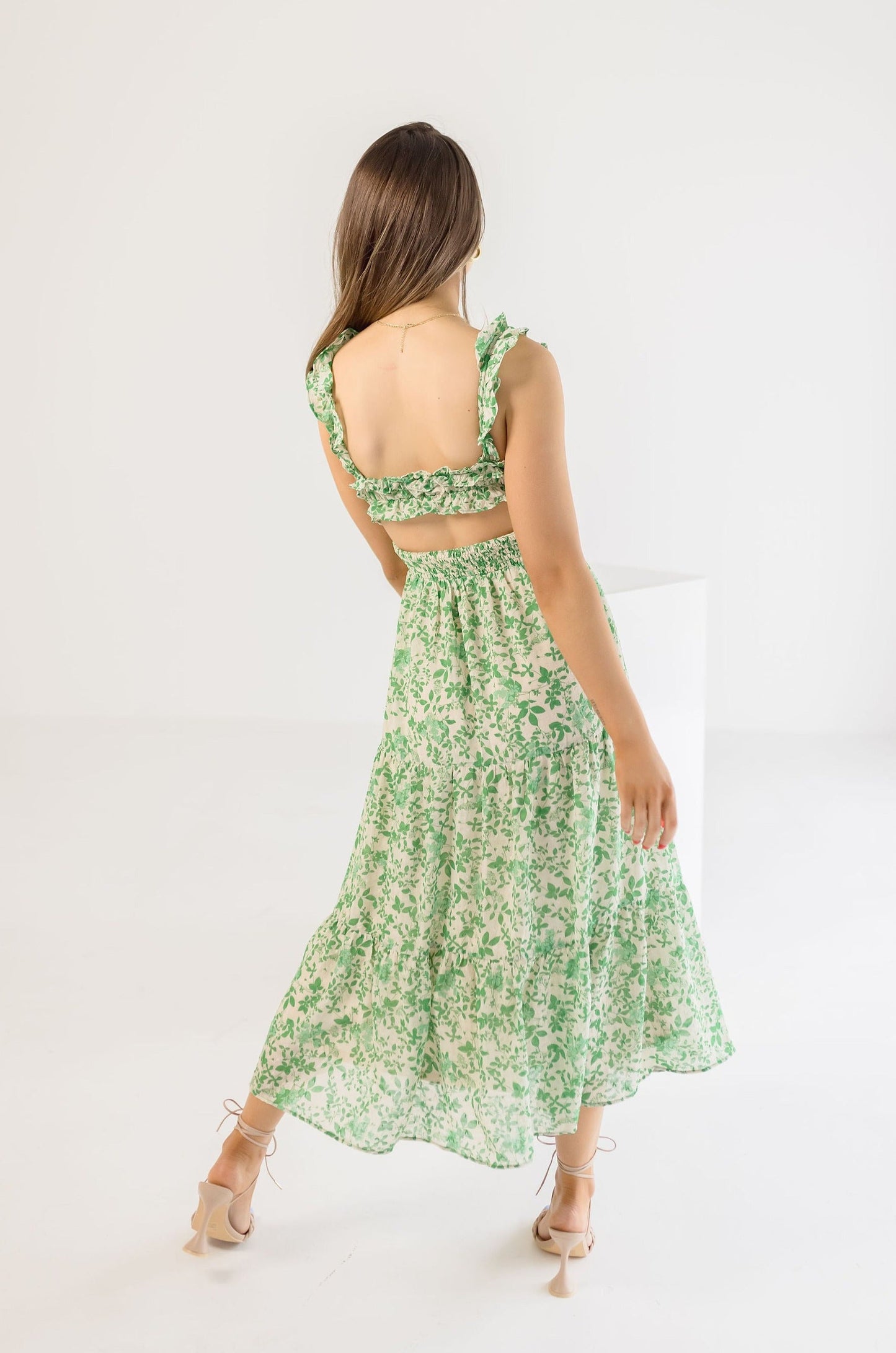 Janine Sleeveless Floral Print Midi Dress Green