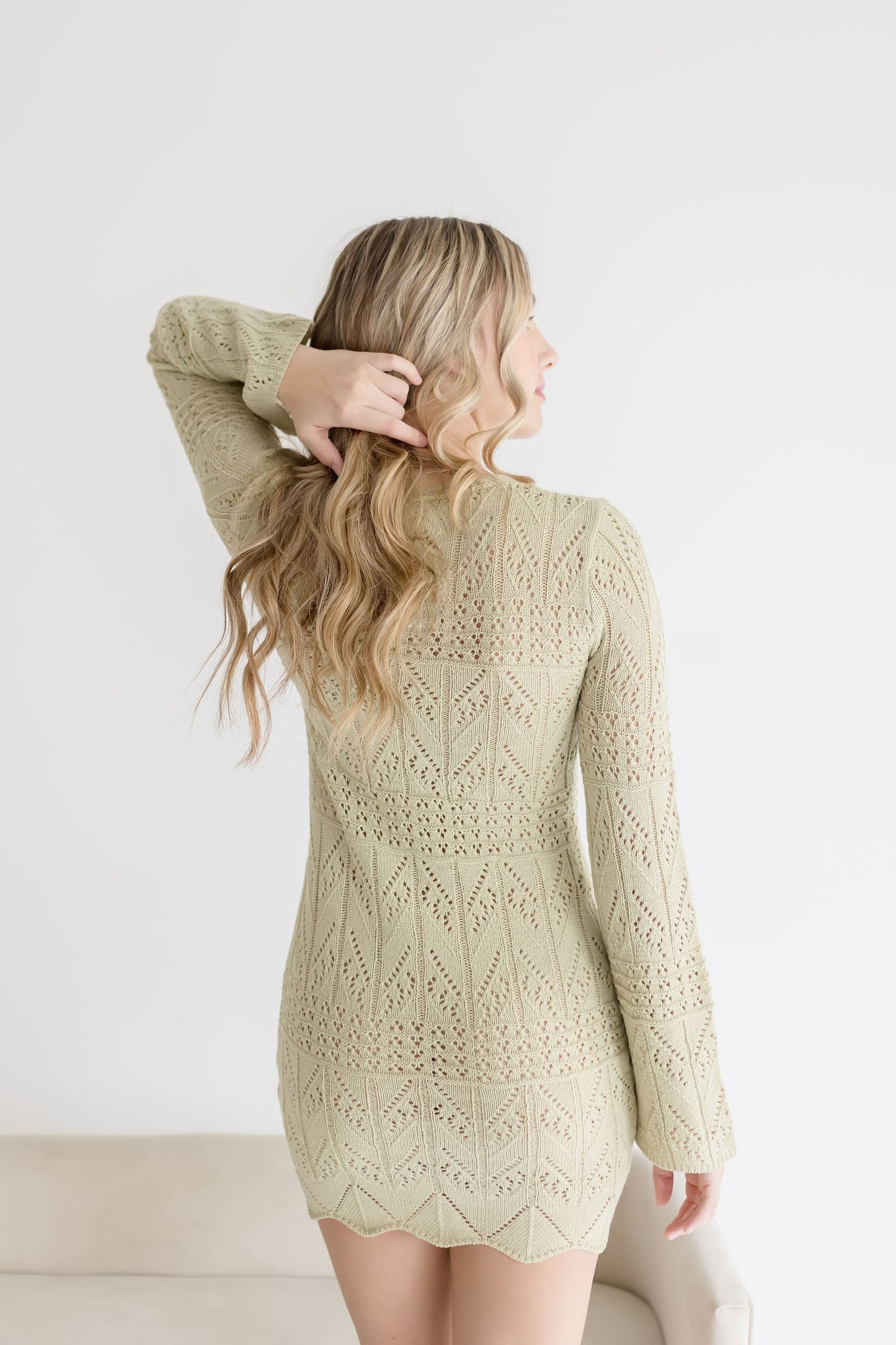 Marilyn Long Sleeve Drawstring Crochet Mini Dress Sage