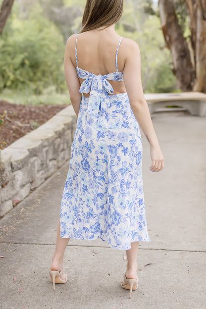 Erika Sleeveless Cut Out Floral Print Midi Dress Blue