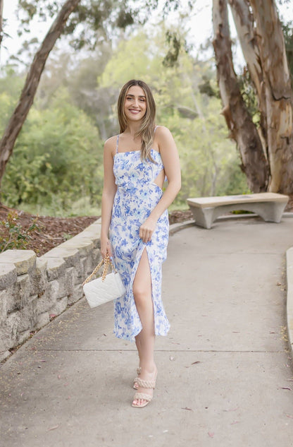 Erika Sleeveless Cut Out Floral Print Midi Dress Blue