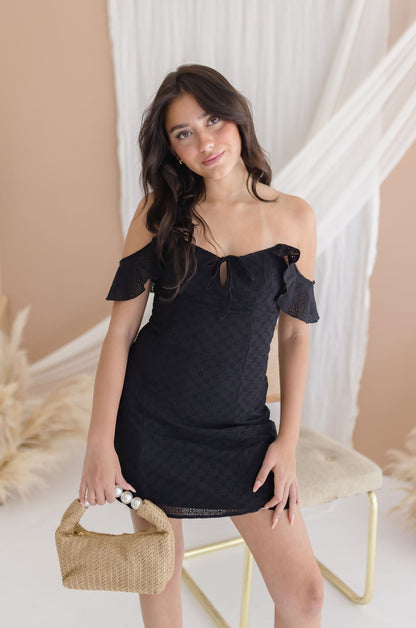 Maryann Ruffle Sleeve Eyelet Mini Dress Black