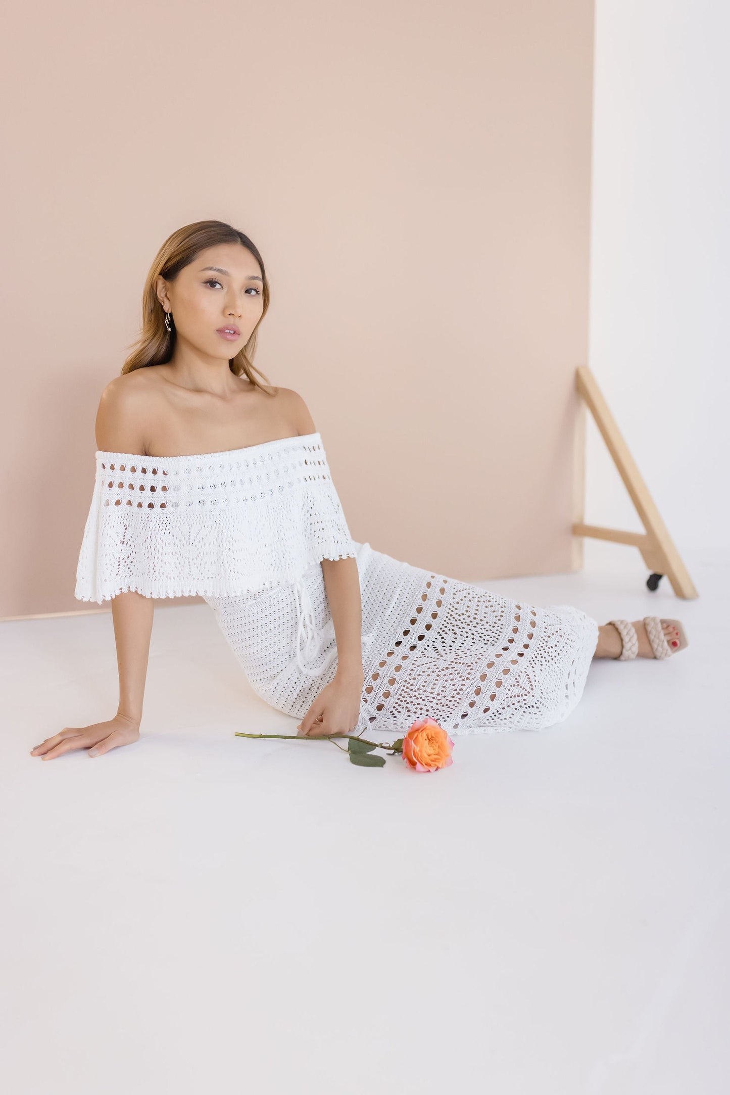 Florence Off The Shoulder Crochet Maxi Dress White