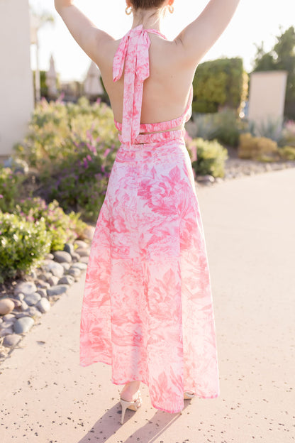 Gwyneth Halter Neck Cut Out Floral Print Maxi Dress Pink