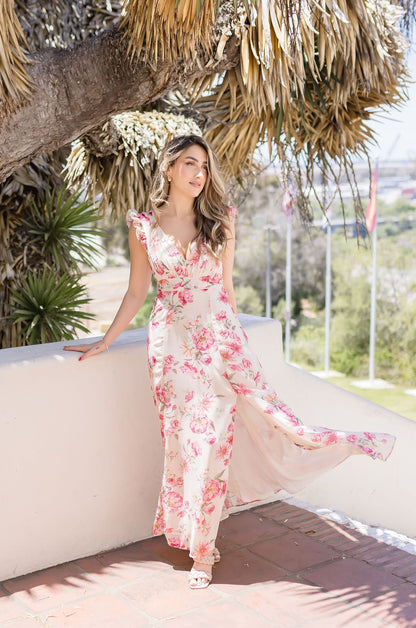 Reese Flutter Sleeve Floral Print Maxi Dress Blush