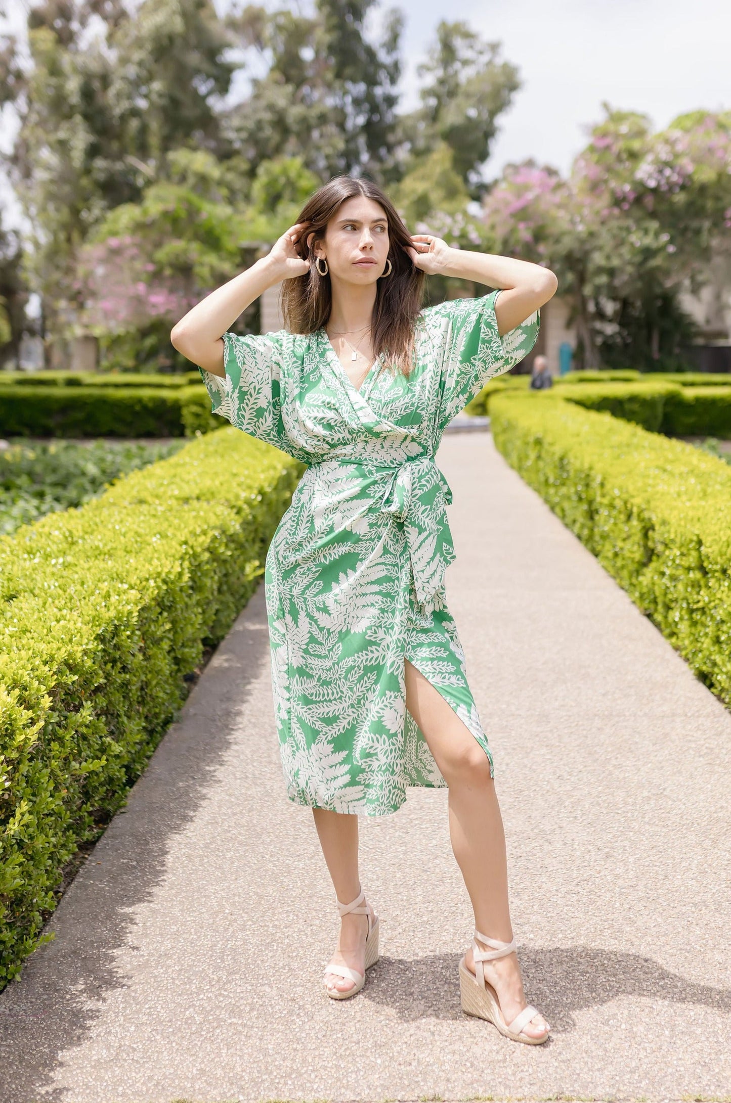 Joanna Kimono Sleeve Printed Wrap Midi Dress Green