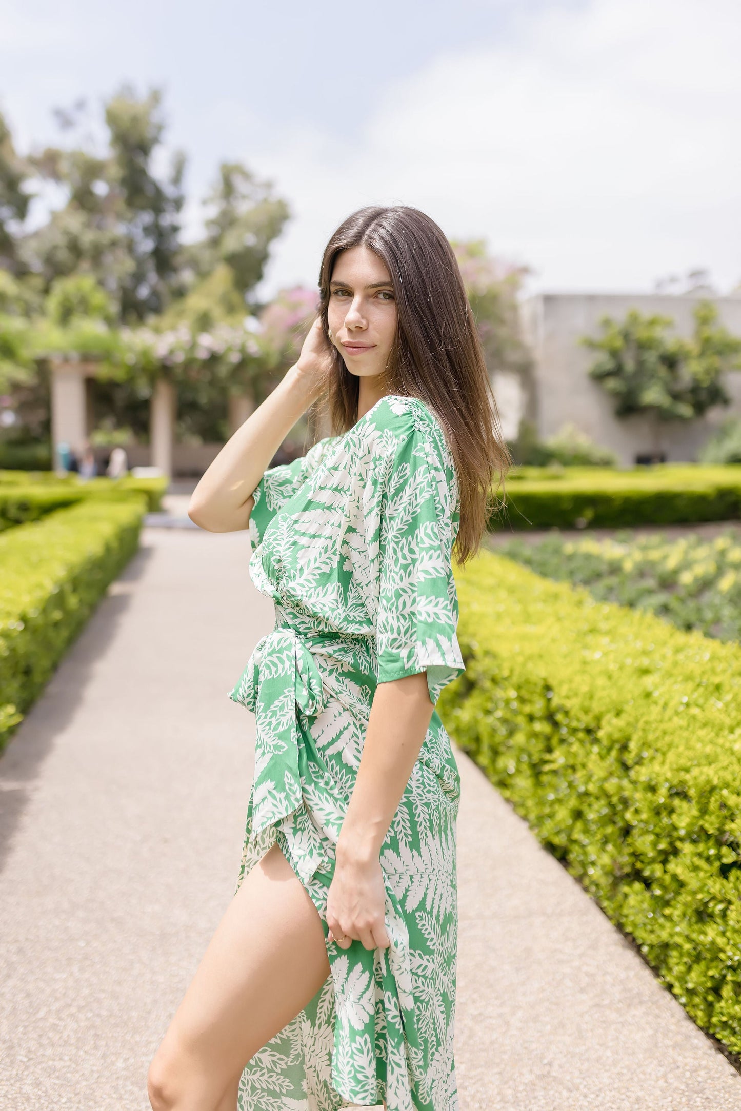 Joanna Kimono Sleeve Printed Wrap Midi Dress Green