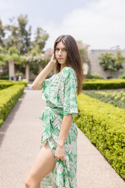 Joanna Kimono Sleeve Printed Wrap Midi Dress Green