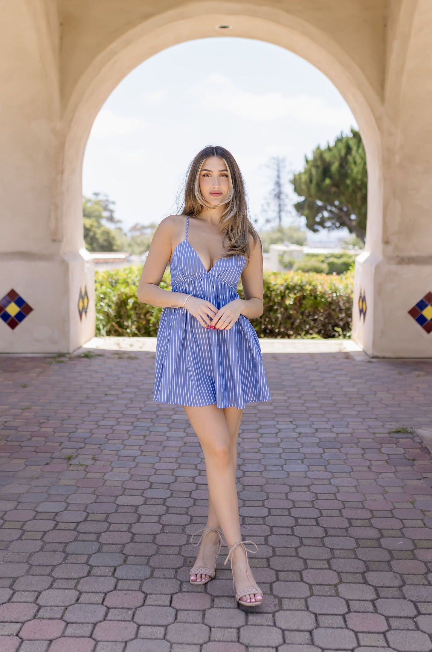 Davina Sleeveless Stripe Print Mini Dress Blue