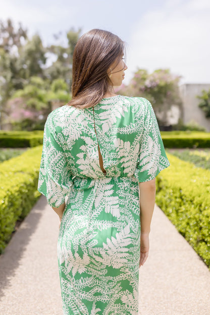 Joanna Kimono Sleeve Printed Wrap Midi Dress Green