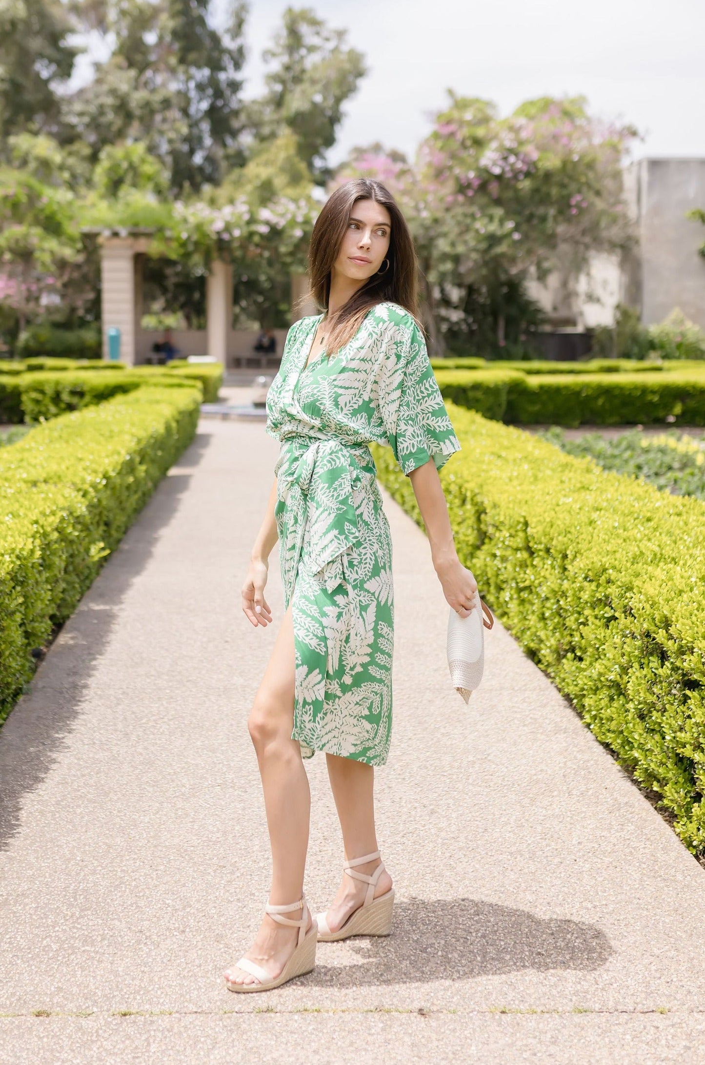 Joanna Kimono Sleeve Printed Wrap Midi Dress Green