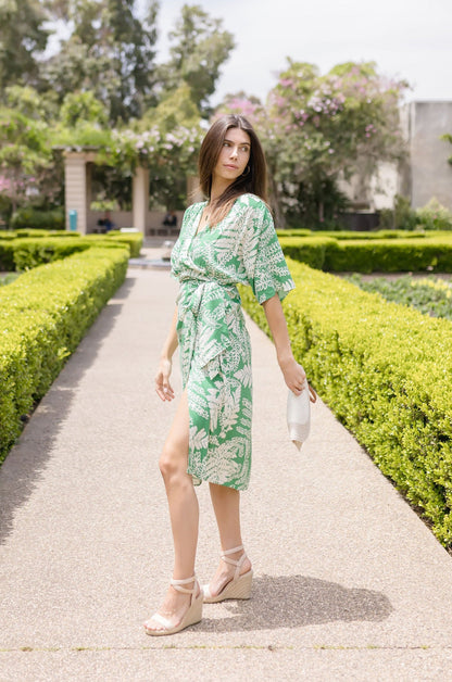 Joanna Kimono Sleeve Printed Wrap Midi Dress Green