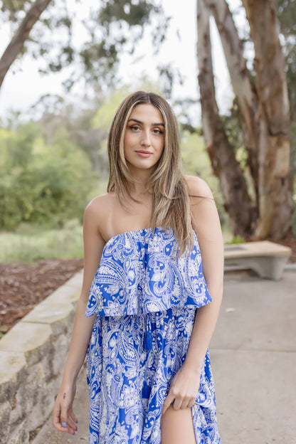 Valerie Strapless Paisley Print Maxi Dress Blue