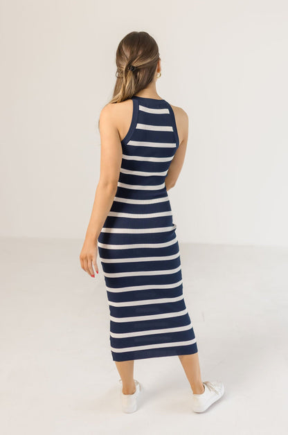 Arlene Sleeveless Striped Knit Midi Dress Navy