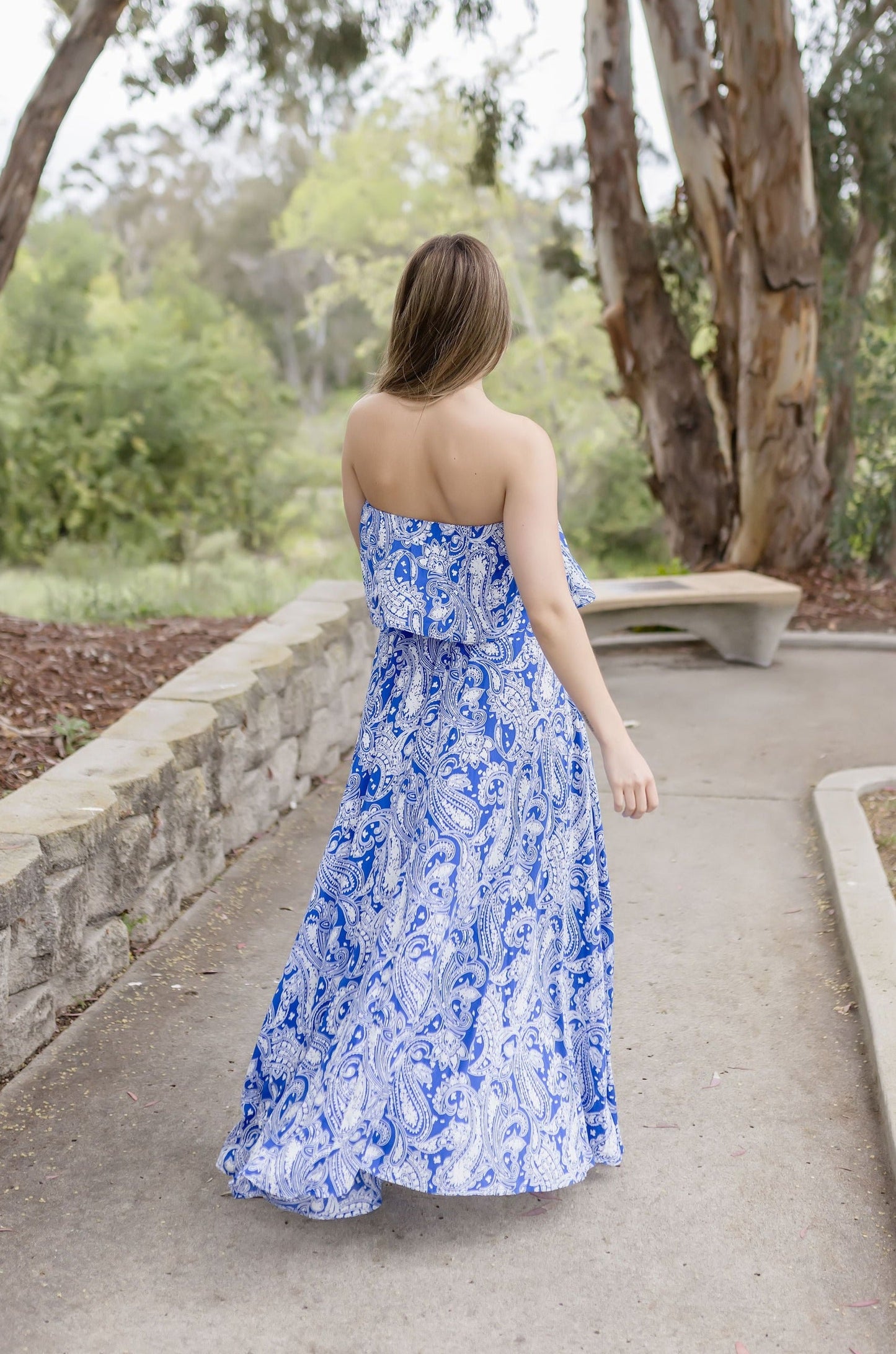 Valerie Strapless Paisley Print Maxi Dress Blue