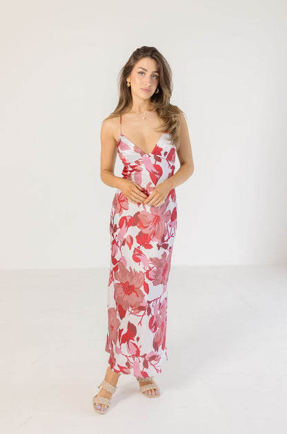 Annie Back Cut Out Floral Print Maxi Dress Pink