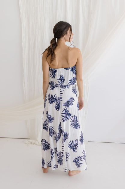 Valerie Strapless Tropical Print Maxi Dress Navy