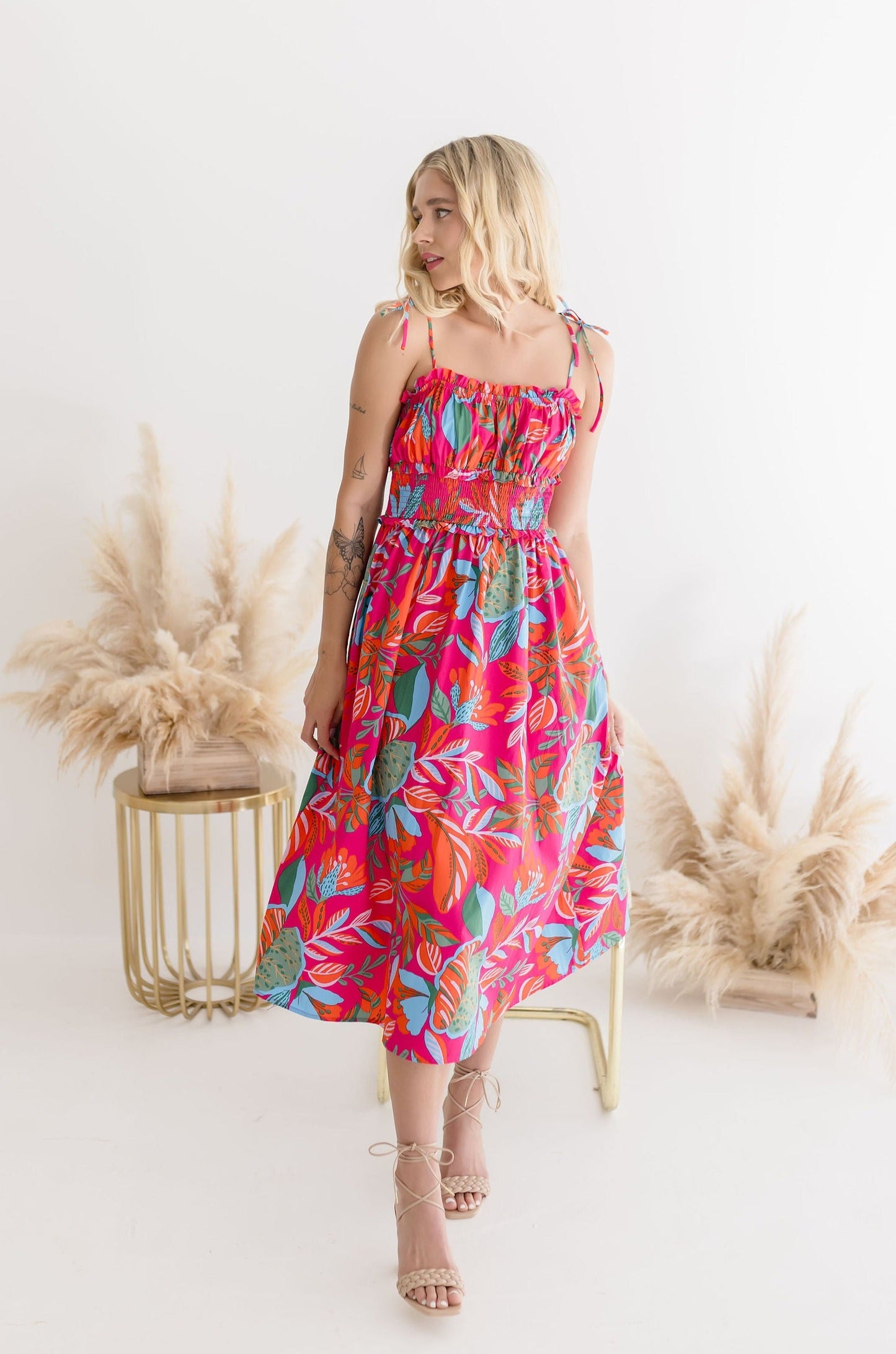 Simone Sleeveless Shoulder Tie Tropical Print Midi Dress Fuchsia