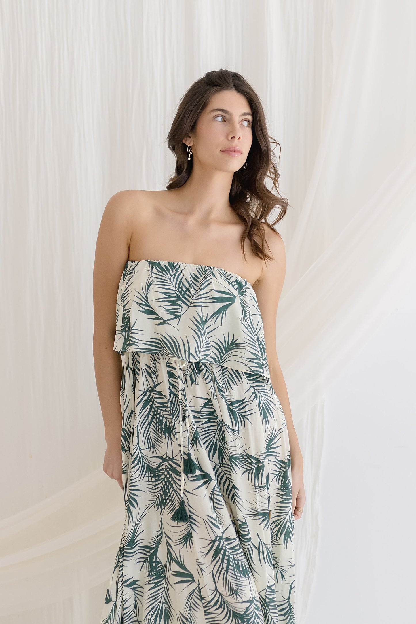 Valerie Strapless Tropical Print Maxi Dress Green