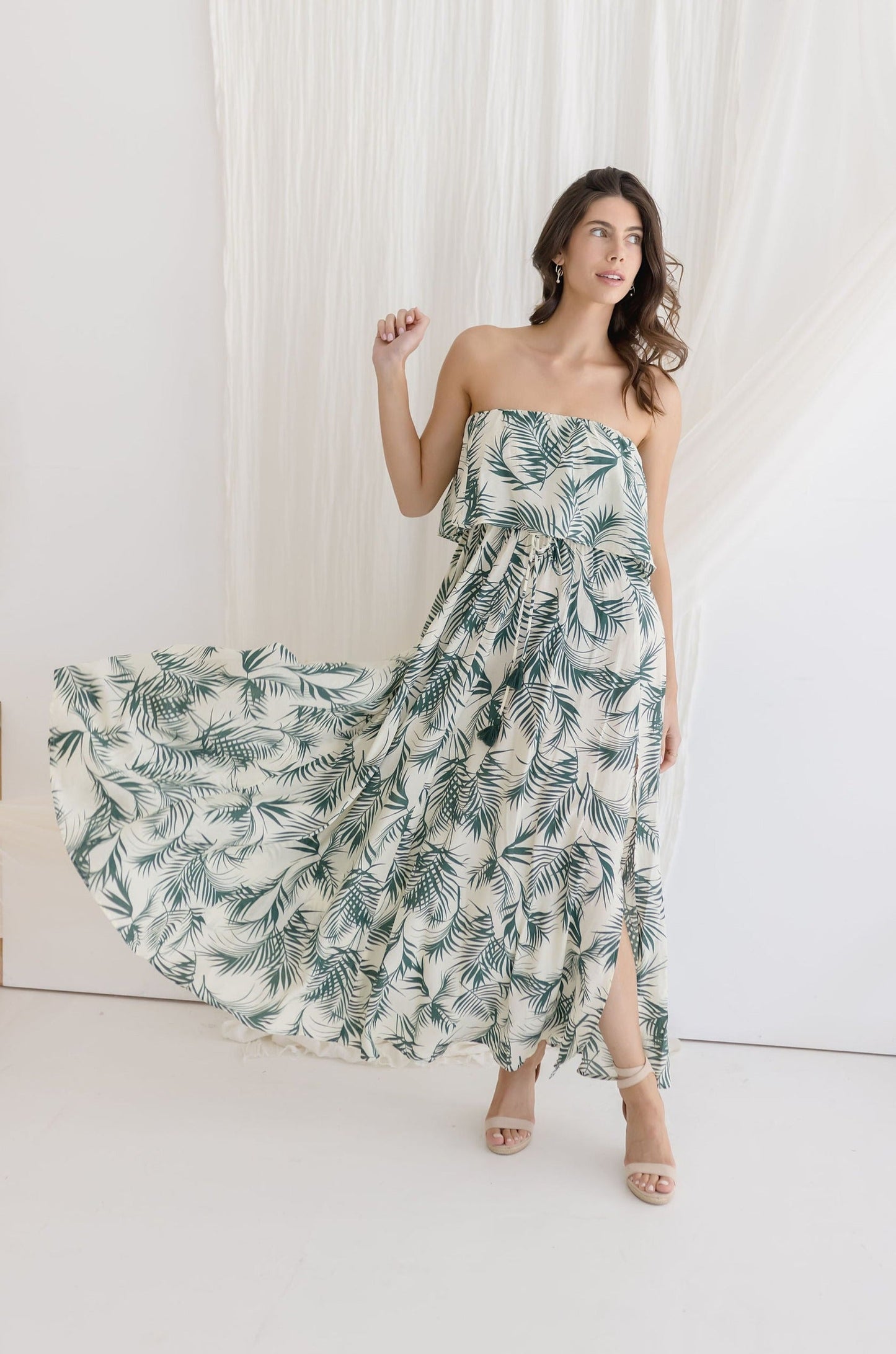 Valerie Strapless Tropical Print Maxi Dress Green