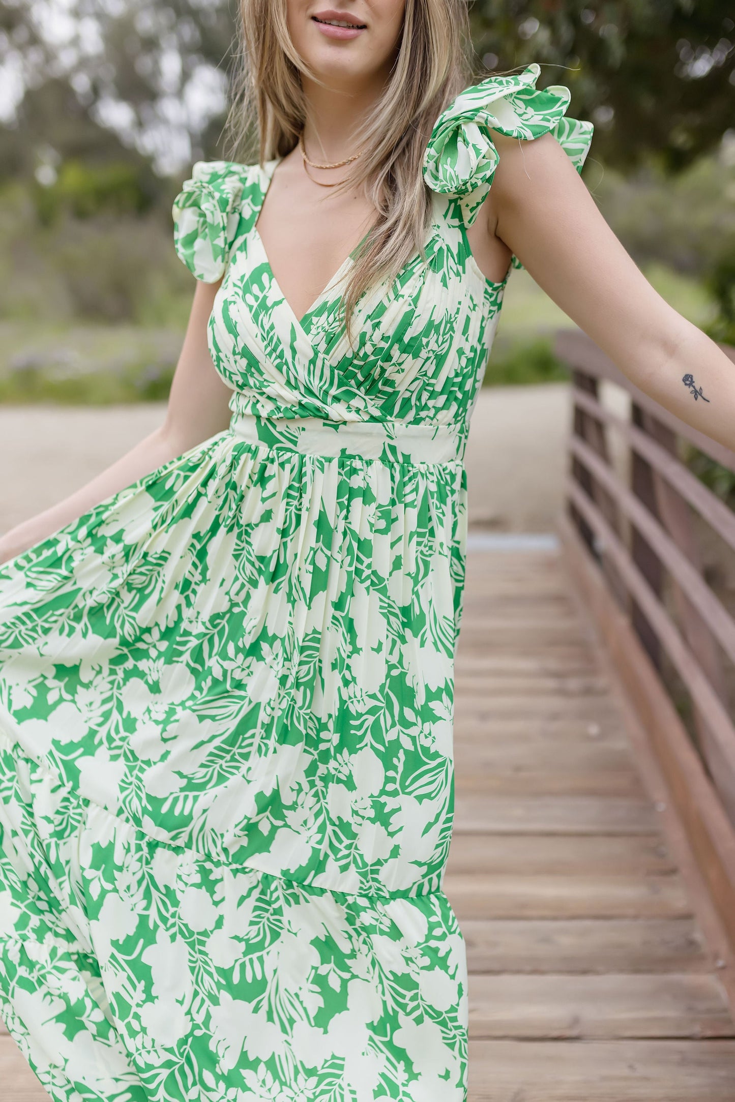 Bree Ruffle Sleeve Floral Print Maxi Dress Green