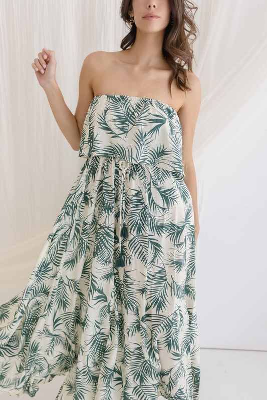 Valerie Strapless Tropical Print Maxi Dress Green