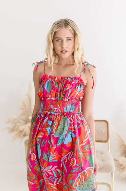 Simone Sleeveless Shoulder Tie Tropical Print Midi Dress Fuchsia