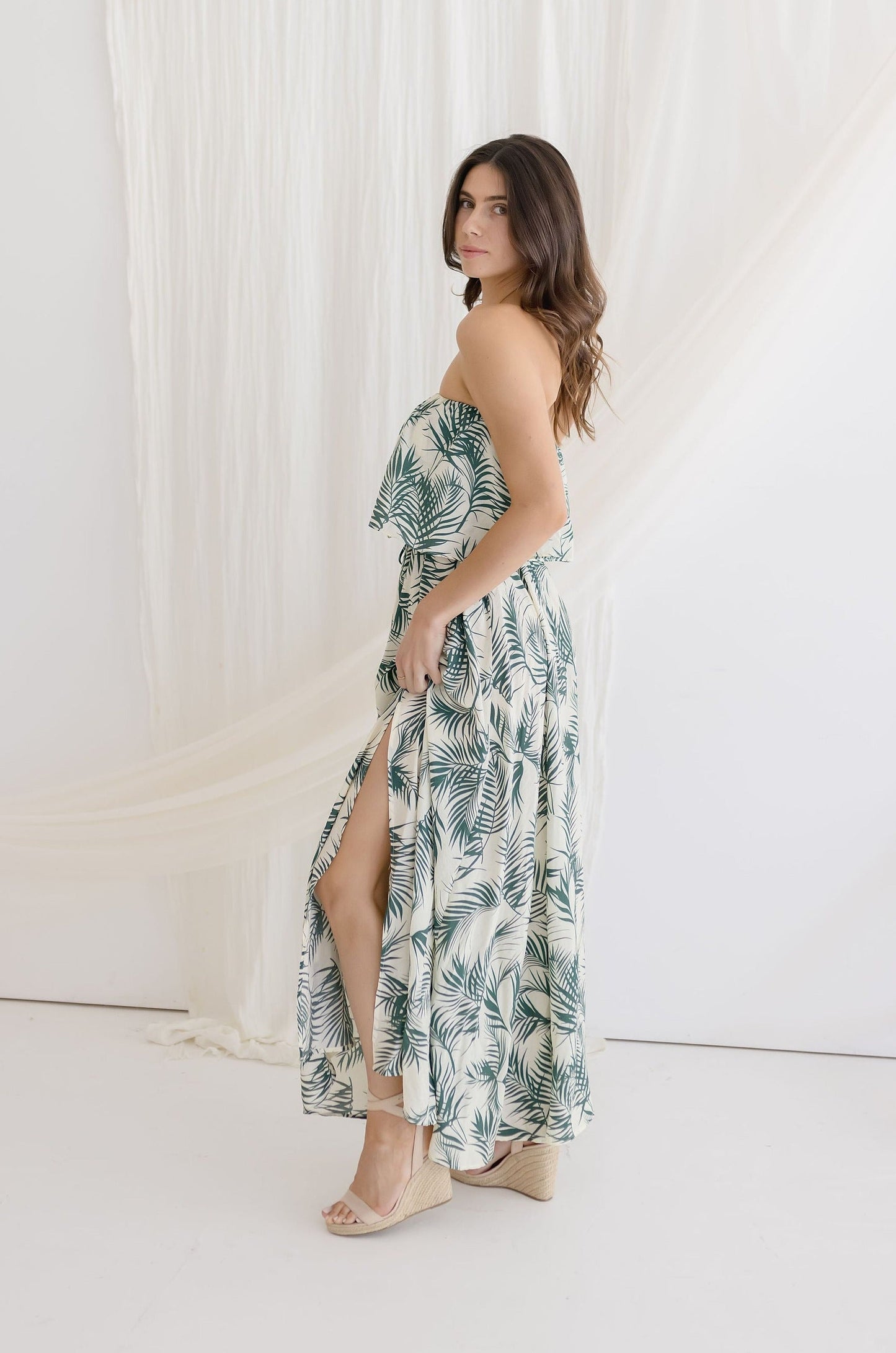 Valerie Strapless Tropical Print Maxi Dress Green