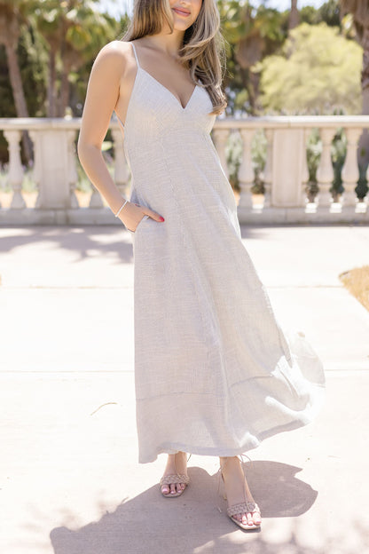 Britton Sleeveless Open Back Stripe Linen Maxi Dress Grey