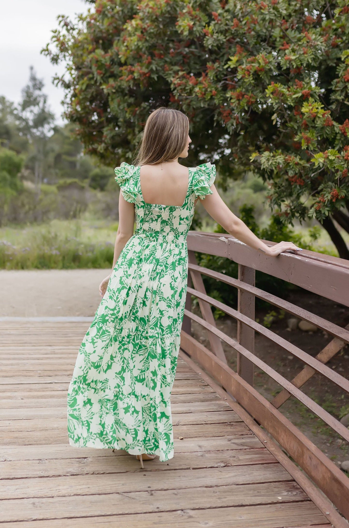 Bree Ruffle Sleeve Floral Print Maxi Dress Green