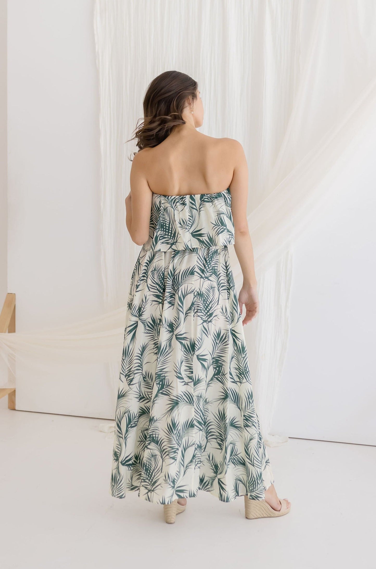 Valerie Strapless Tropical Print Maxi Dress Green