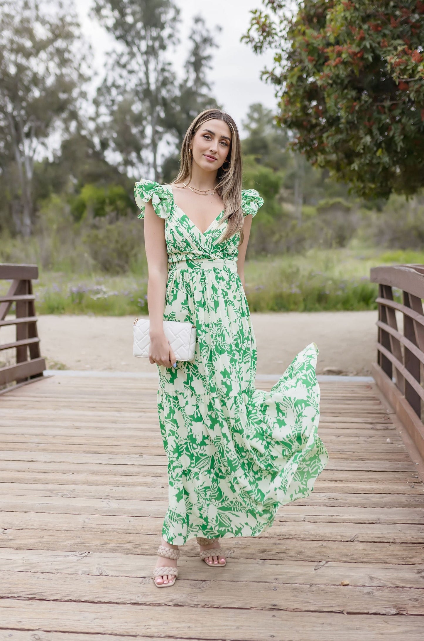 Bree Ruffle Sleeve Floral Print Maxi Dress Green