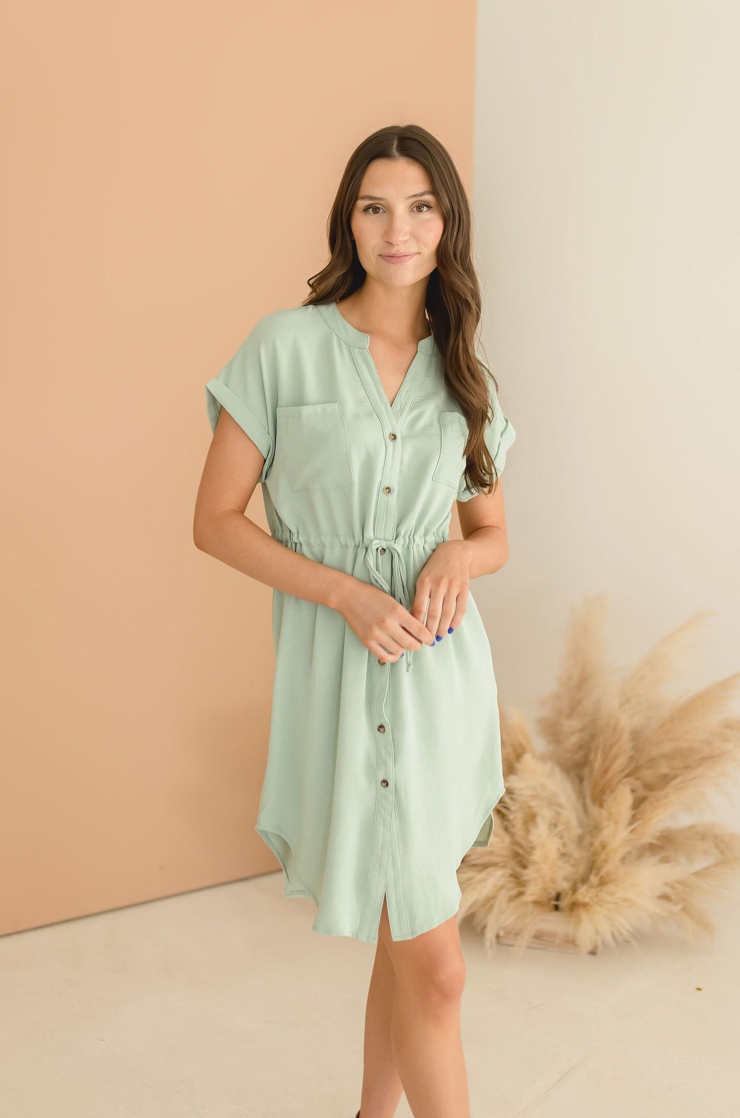 Samantha Button Down Waist Tie Mini Dress Sage