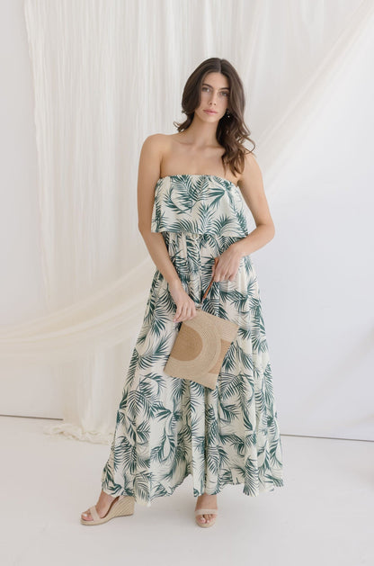 Valerie Strapless Tropical Print Maxi Dress Green