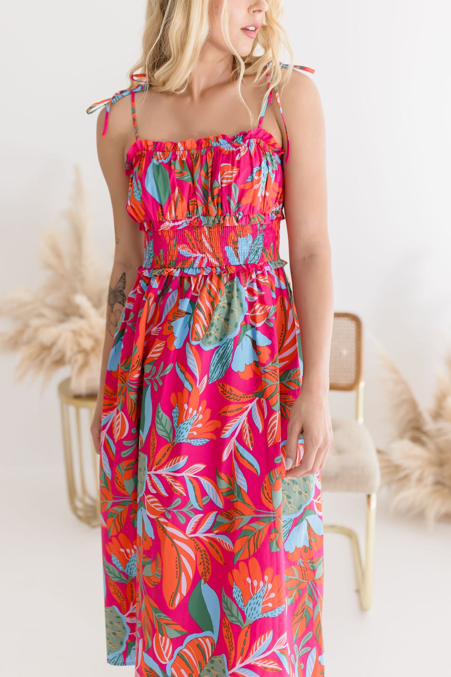 Simone Sleeveless Shoulder Tie Tropical Print Midi Dress Fuchsia