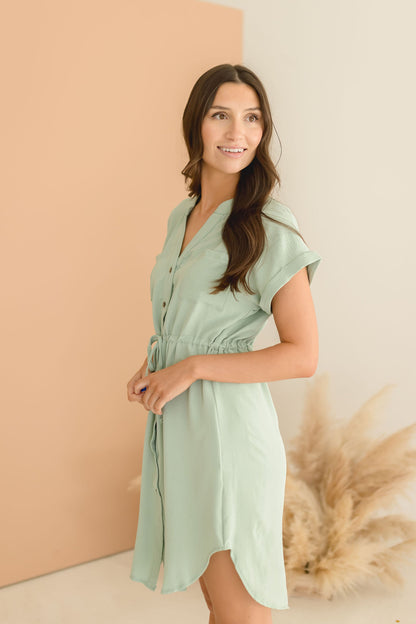 Samantha Button Down Waist Tie Mini Dress Sage