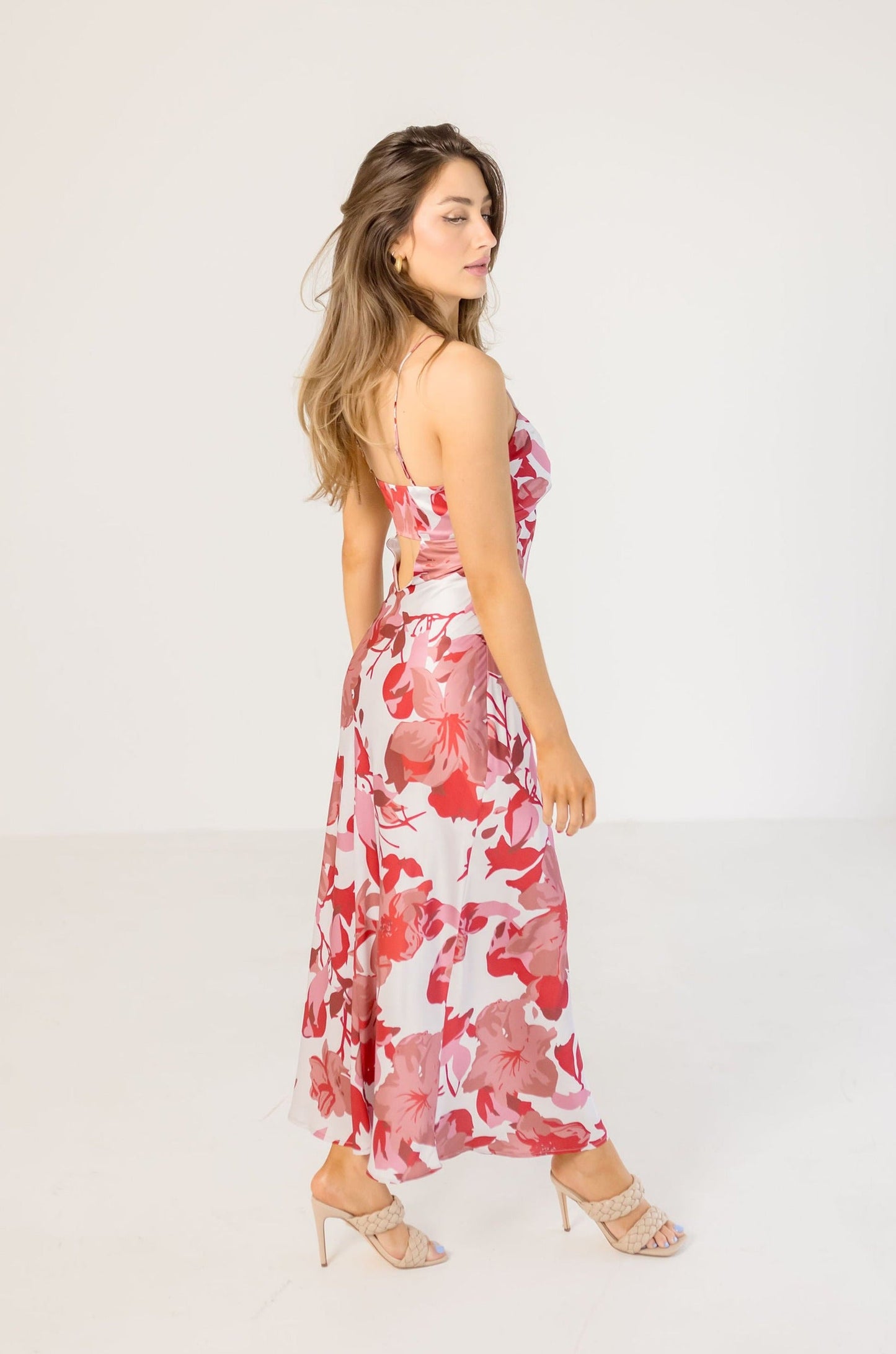 Annie Back Cut Out Floral Print Maxi Dress Pink