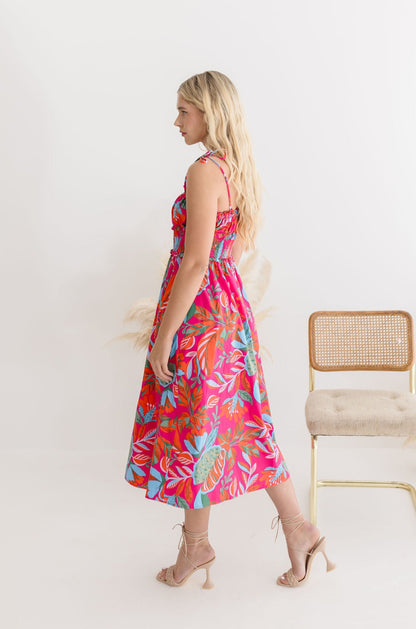 Simone Sleeveless Shoulder Tie Tropical Print Midi Dress Fuchsia