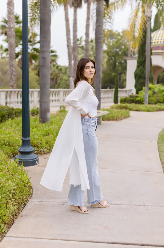 Donna Long Sleeve Snap Button Down Shirt Dress White