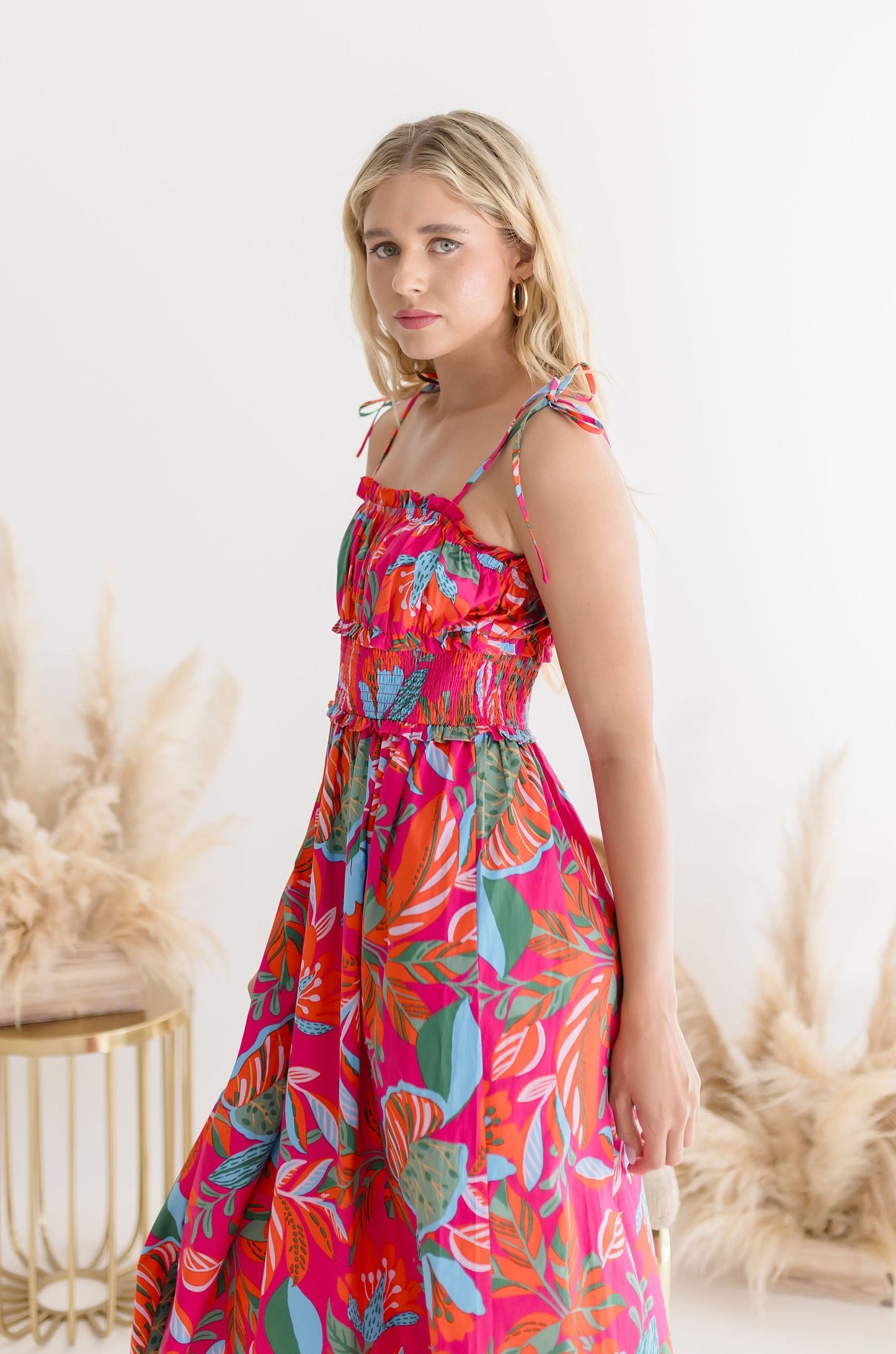 Simone Sleeveless Shoulder Tie Tropical Print Midi Dress Fuchsia