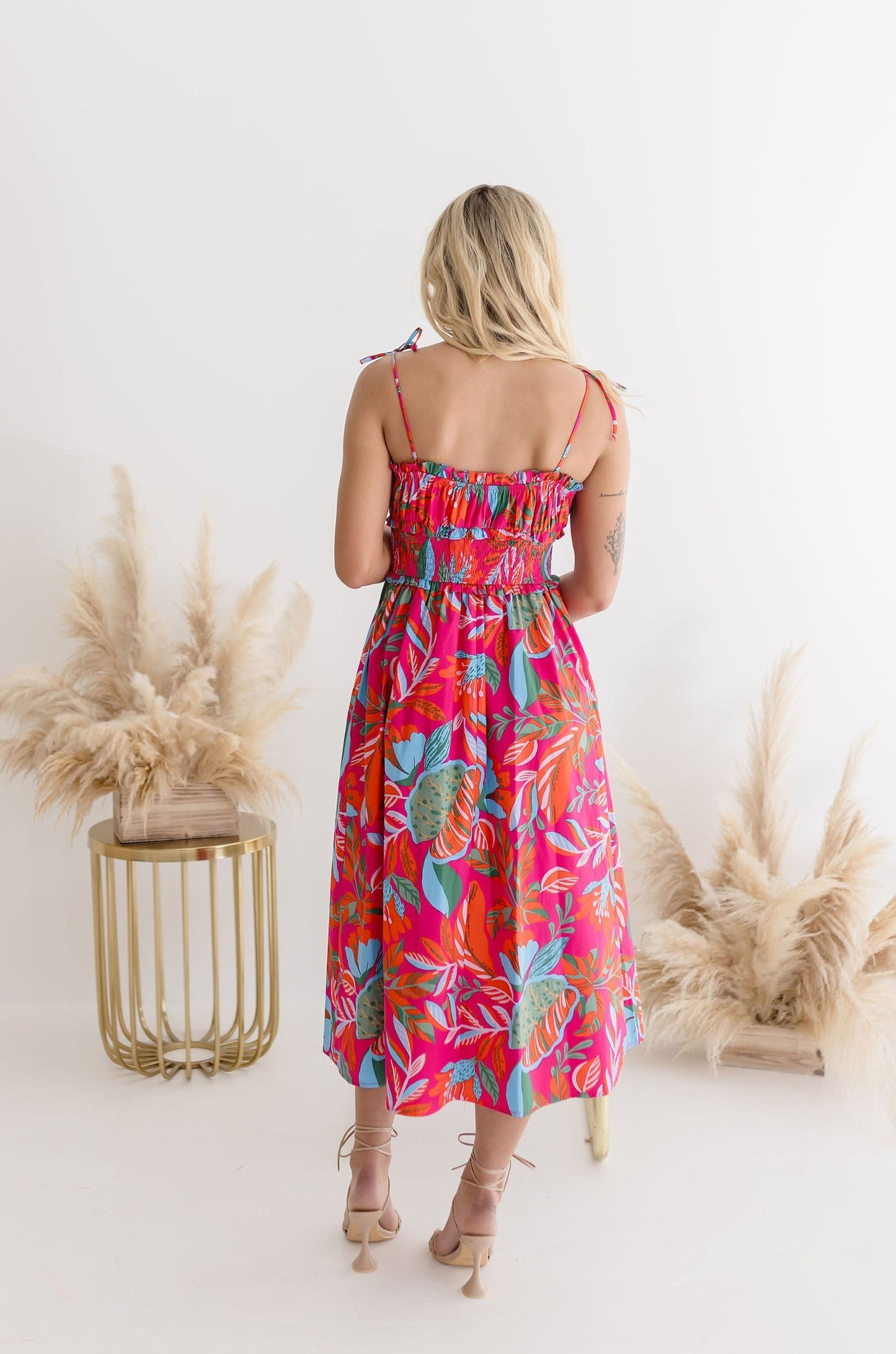 Simone Sleeveless Shoulder Tie Tropical Print Midi Dress Fuchsia